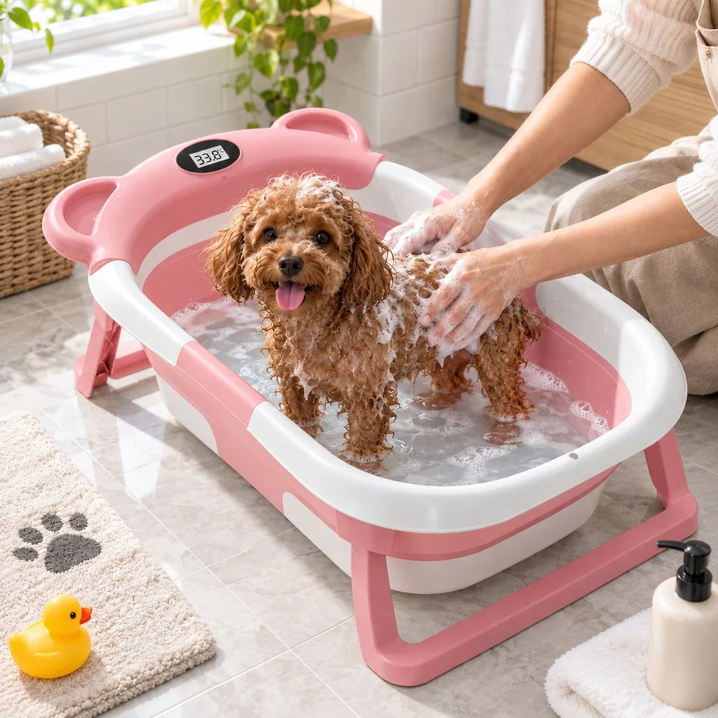 Collapsible dog bath tub with digital thermometer, designed for small dogs and puppies, featuring a portable and space-saving design for easy grooming at home or on 12
