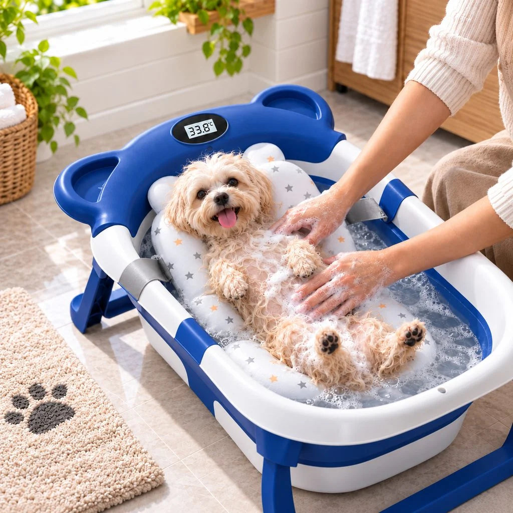 Collapsible dog bath tub with digital thermometer, designed for small dogs and puppies, featuring a portable and space-saving design for easy grooming at home or on 14