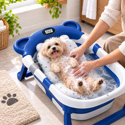 Collapsible dog bath tub with digital thermometer, designed for small dogs and puppies, featuring a portable and space-saving design for easy grooming at home or on 14