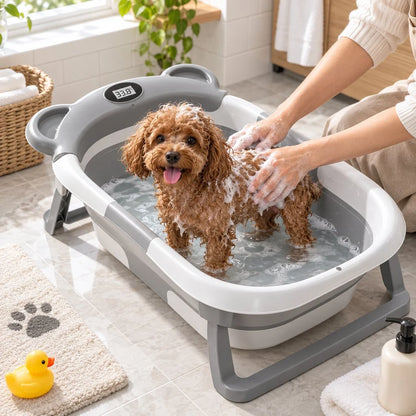 Collapsible dog bath tub with digital thermometer, designed for small dogs and puppies, featuring a portable and space-saving design for easy grooming at home or on 15