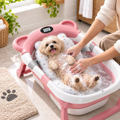 Collapsible dog bath tub with digital thermometer, designed for small dogs and puppies, featuring a portable and space-saving design for easy grooming at home or on 9
