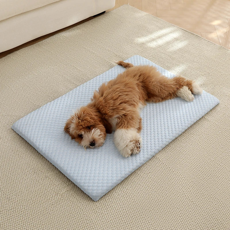 Cooling dog mat featuring an ice silk surface and non-slip backing, designed for home and car use, machine washable, and available in various sizes and colors 0