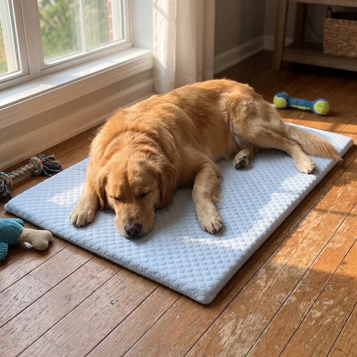 Cooling dog mat featuring an ice silk surface and non-slip backing, designed for home and car use, machine washable, and available in various sizes and colors 1
