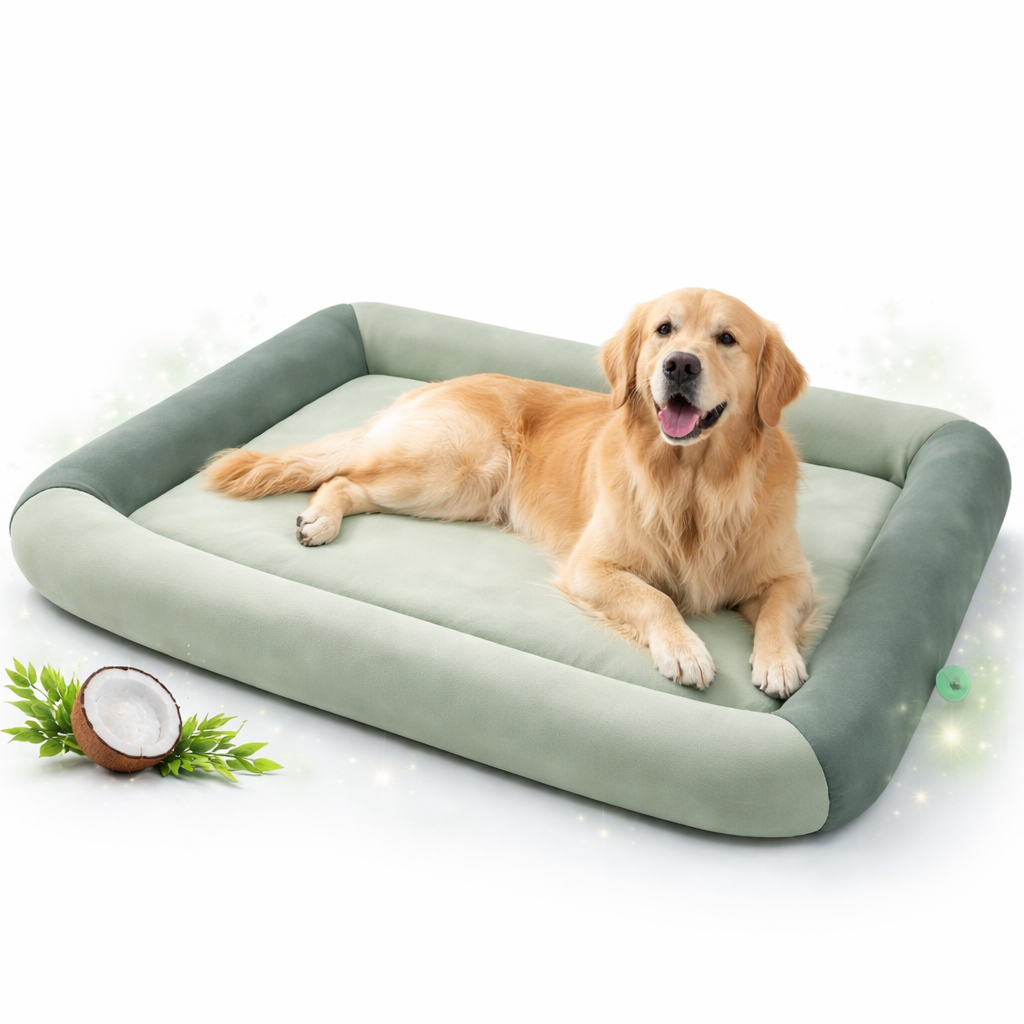 Cooling pet bed with raised edges, designed for dogs and cats, featuring a breathable plush material for ultimate summer comfort. 1