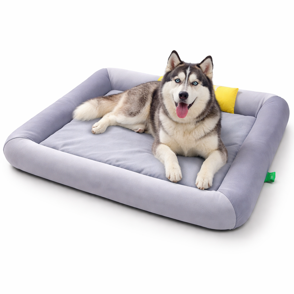Cooling pet bed with raised edges, designed for dogs and cats, featuring a breathable plush material for ultimate summer comfort. 2