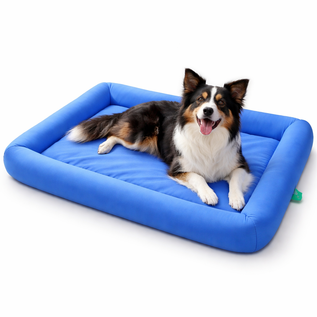 Cooling pet bed with raised edges, designed for dogs and cats, featuring a breathable plush material for ultimate summer comfort. 3
