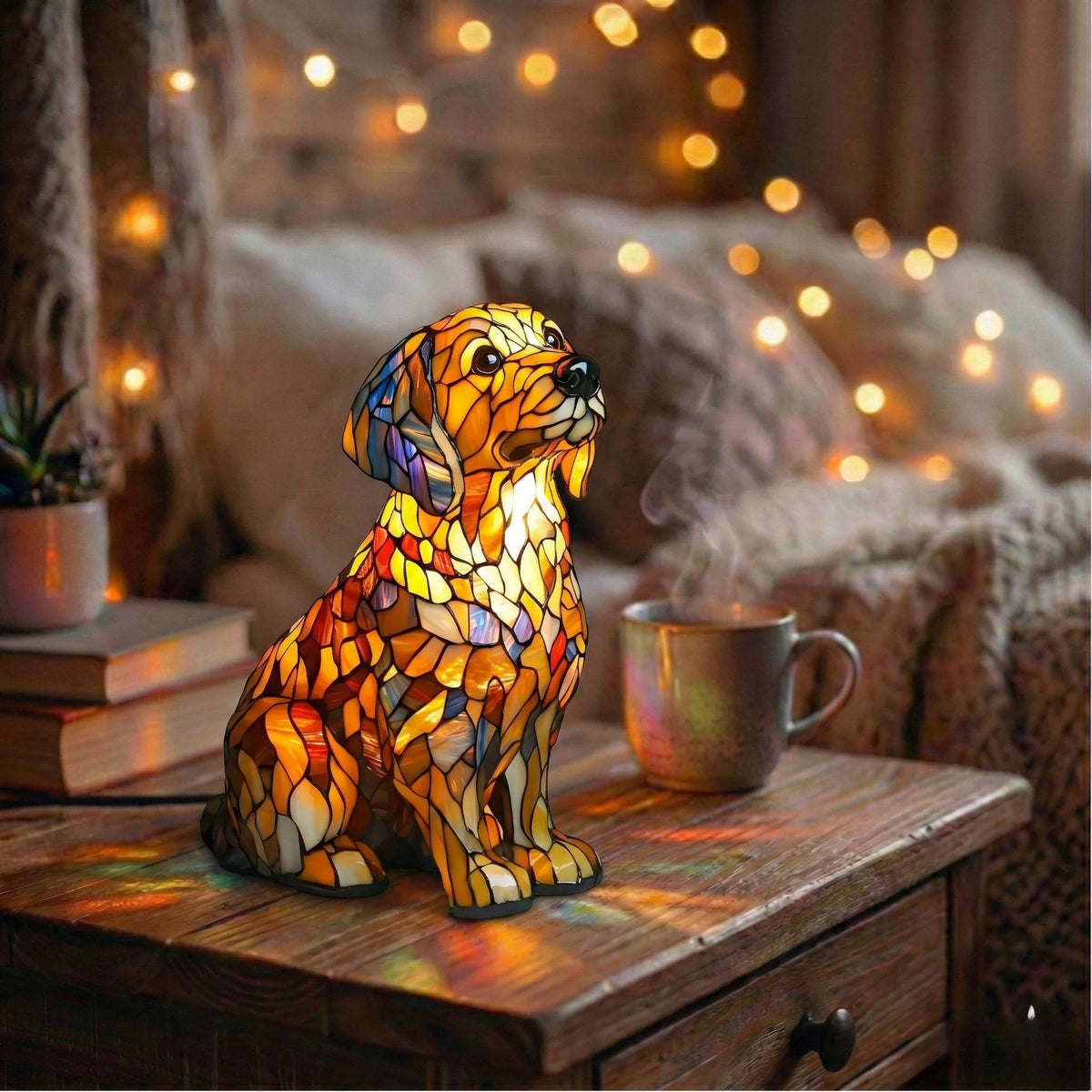 Cordless decorative lamp featuring a golden retriever design, emitting a soft ambient glow, perfect as a battery-powered indoor accent light. 0