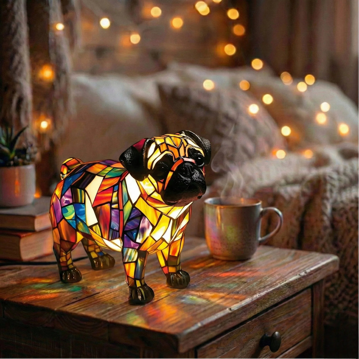 Cordless LED Pug Lamp with a glossy finish, perfect as a modern decorative accent light for home decor, showcasing a charming pug design. 0