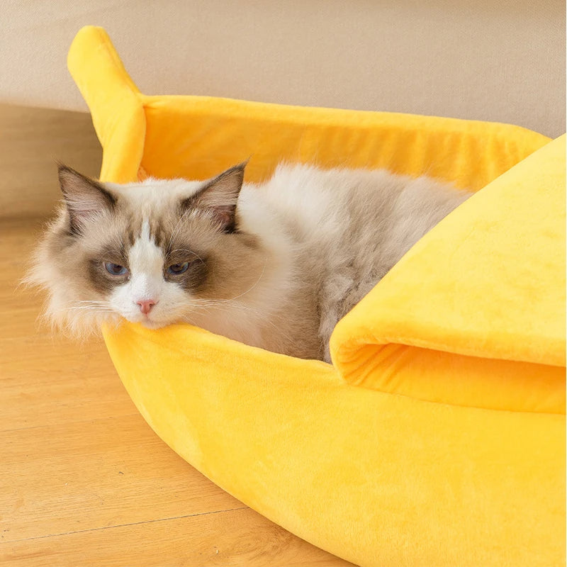 Cozy Banana-Shaped Pet Bed for Cats and Small Dogs – Soft Plush Semi-Enclosed Design for Comfort and Security 0