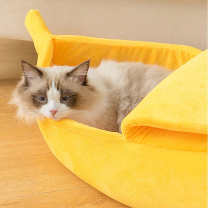 Cozy Banana-Shaped Pet Bed for Cats and Small Dogs – Soft Plush Semi-Enclosed Design for Comfort and Security 0