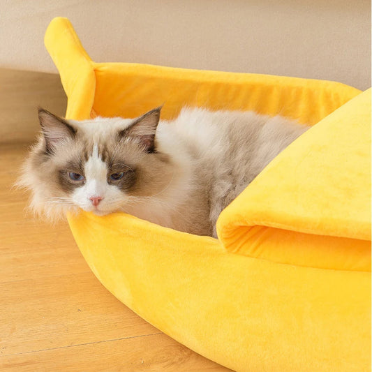 Cozy Banana-Shaped Pet Bed for Cats and Small Dogs – Soft Plush Semi-Enclosed Design for Comfort and Security 0