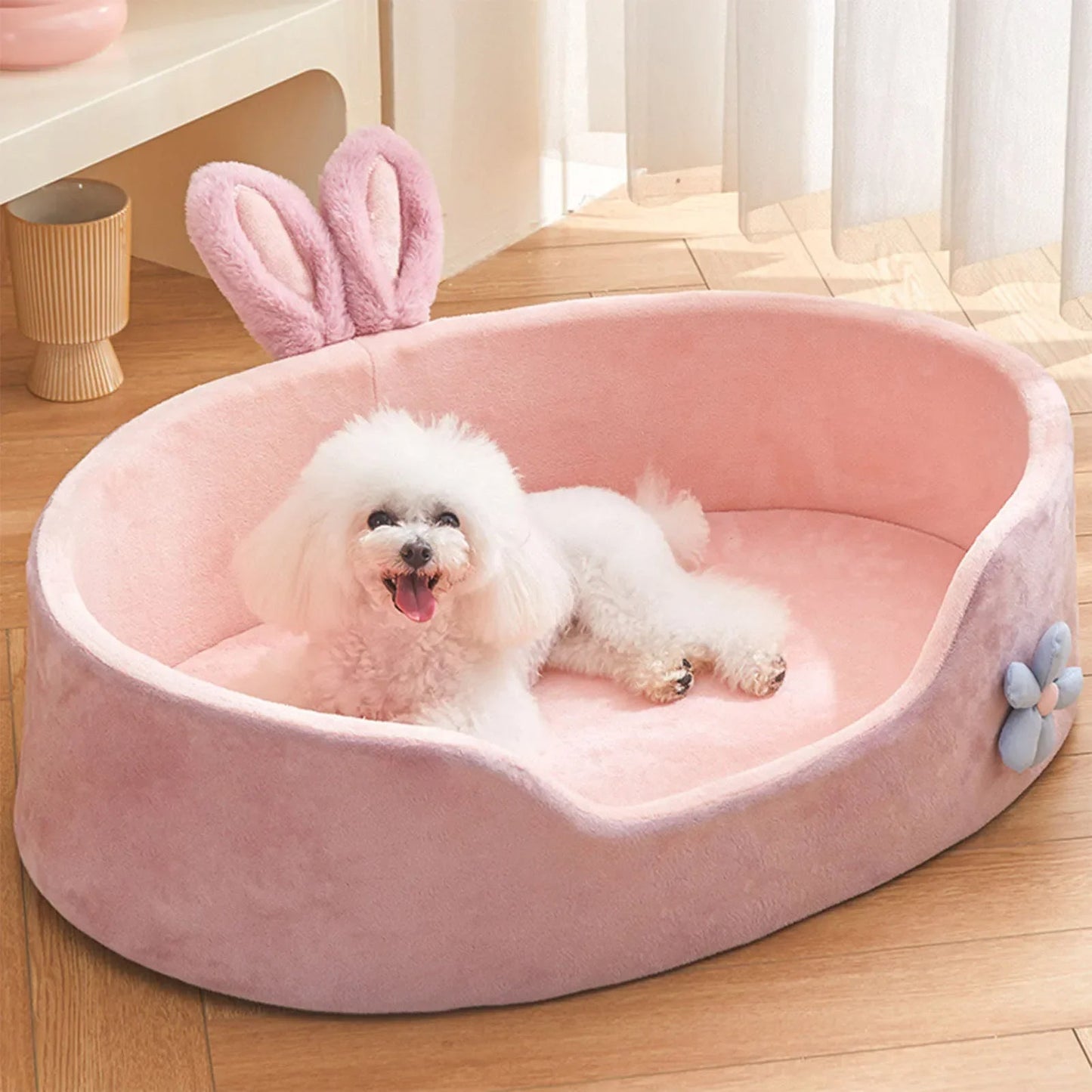 Cozy Cat and Small Dog Bed with Bunny Ears and Flower Accent – Soft Pink Design 0