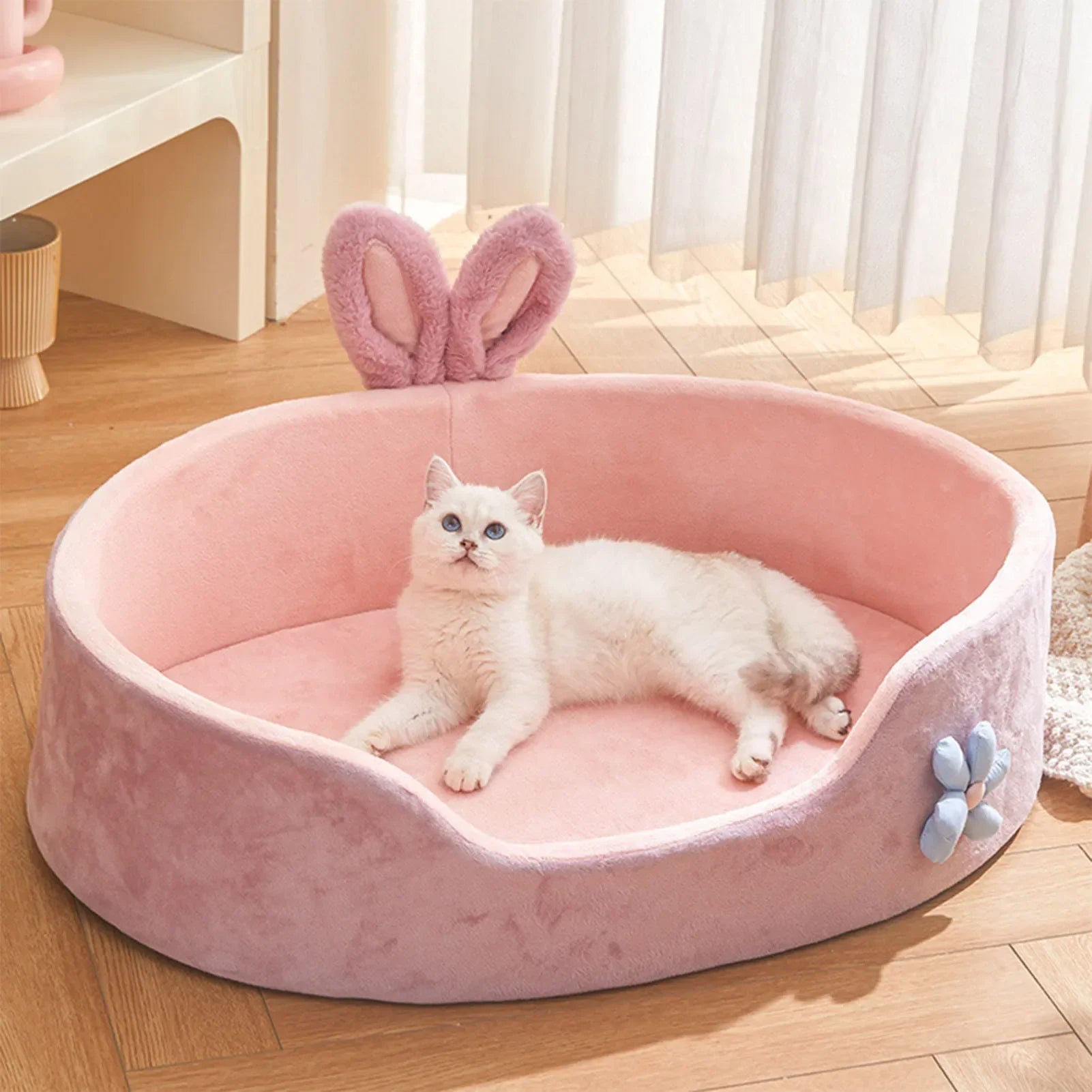 Cozy Cat and Small Dog Bed with Bunny Ears and Flower Accent – Soft Pink Design 1