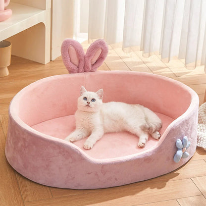 Cozy Cat and Small Dog Bed with Bunny Ears and Flower Accent – Soft Pink Design 1