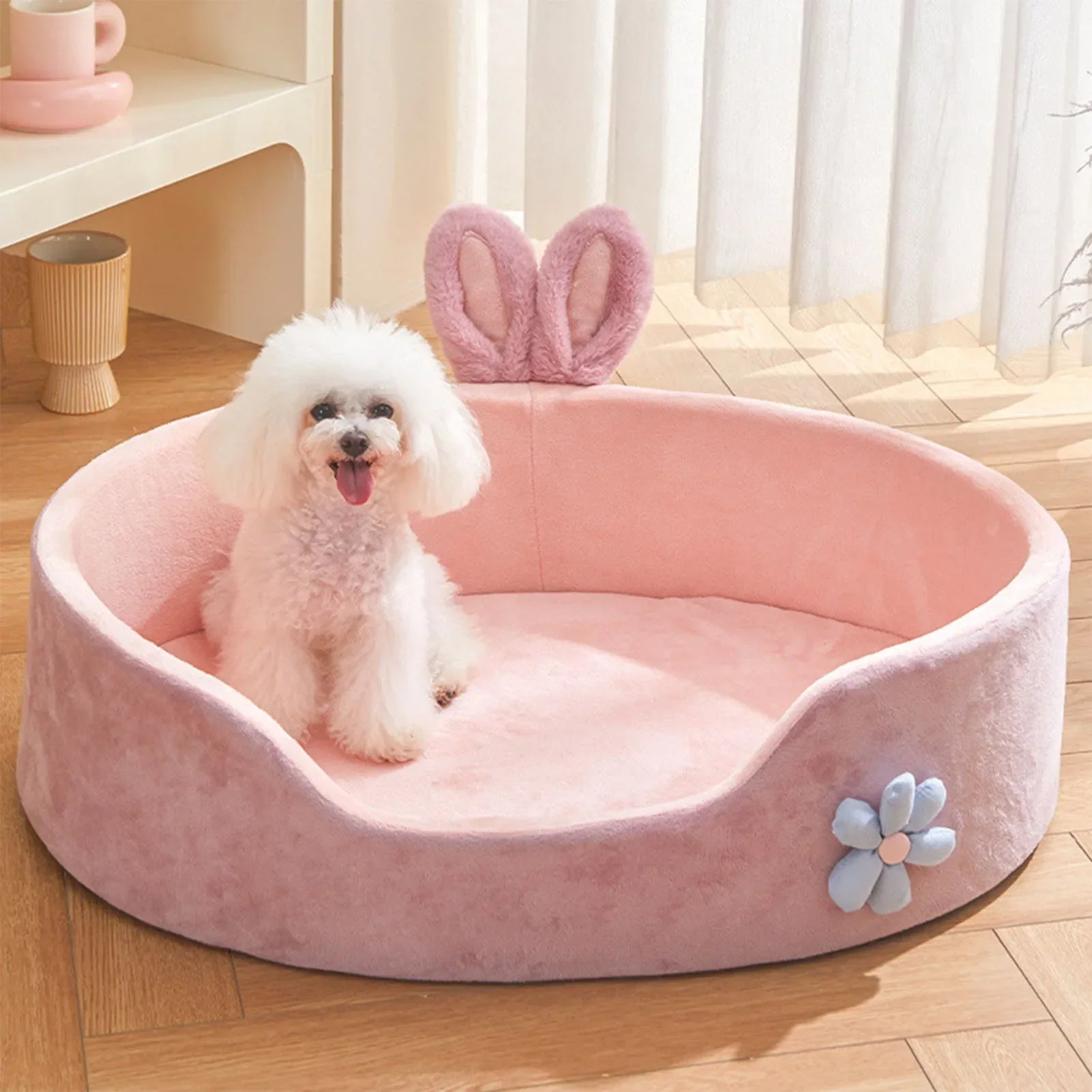 Cozy Cat and Small Dog Bed with Bunny Ears and Flower Accent – Soft Pink Design 2