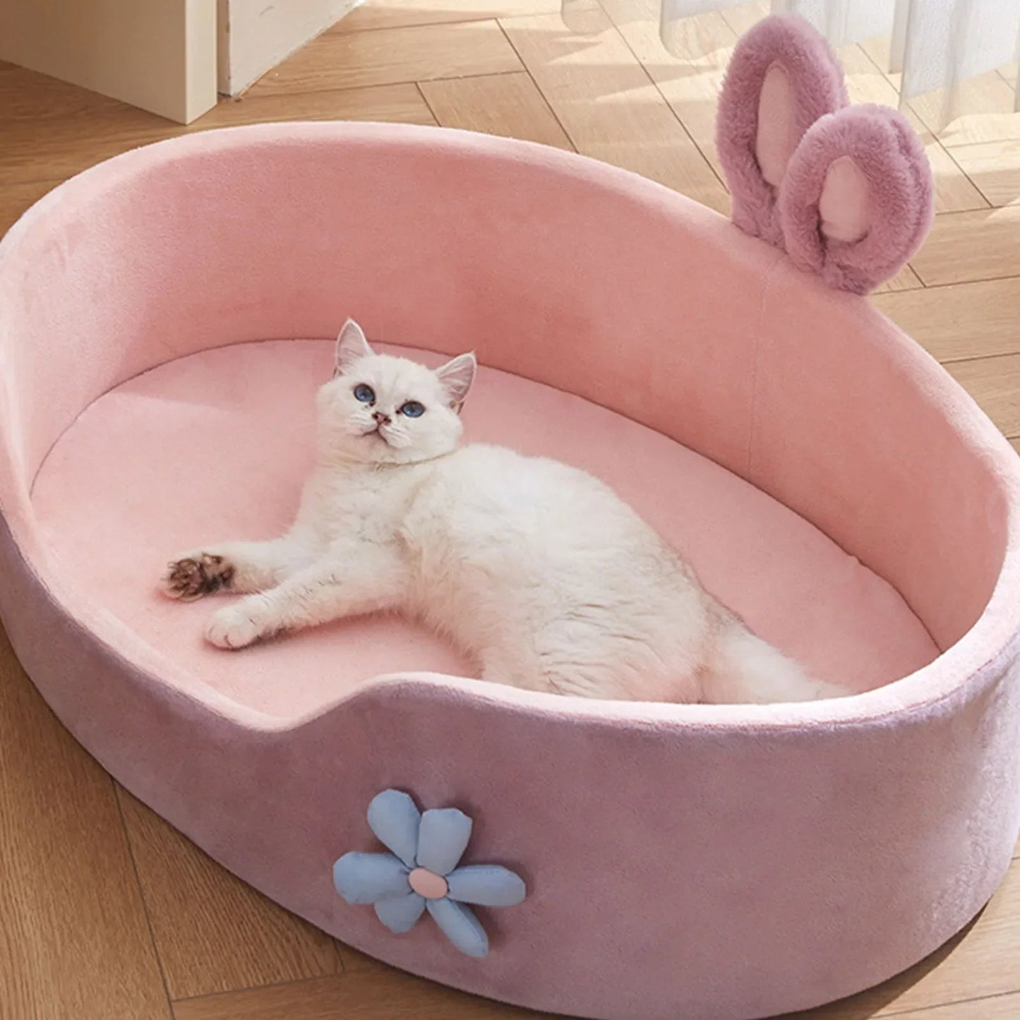 Cozy Cat and Small Dog Bed with Bunny Ears and Flower Accent – Soft Pink Design 4