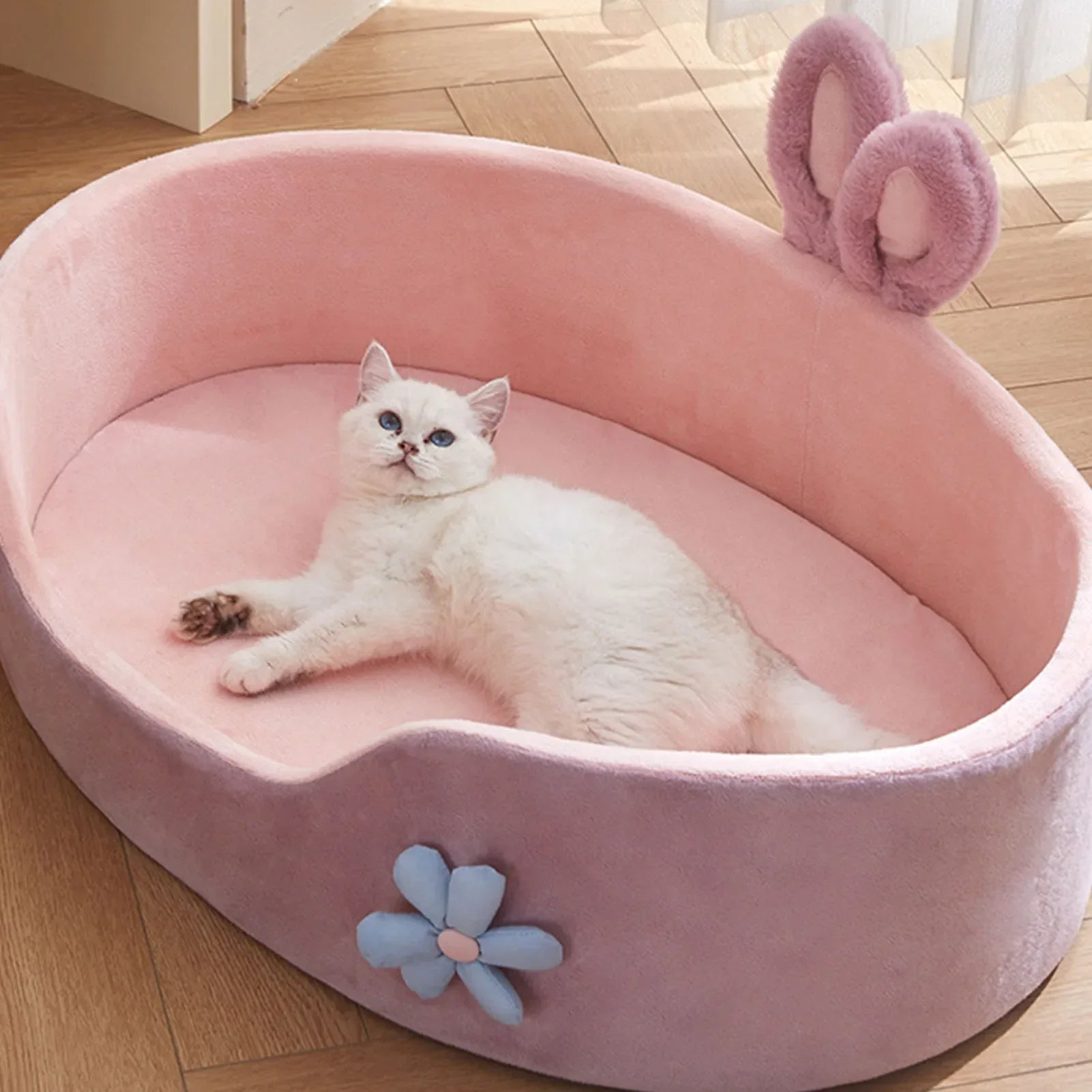 Cozy Cat and Small Dog Bed with Bunny Ears and Flower Accent – Soft Pink Design 4
