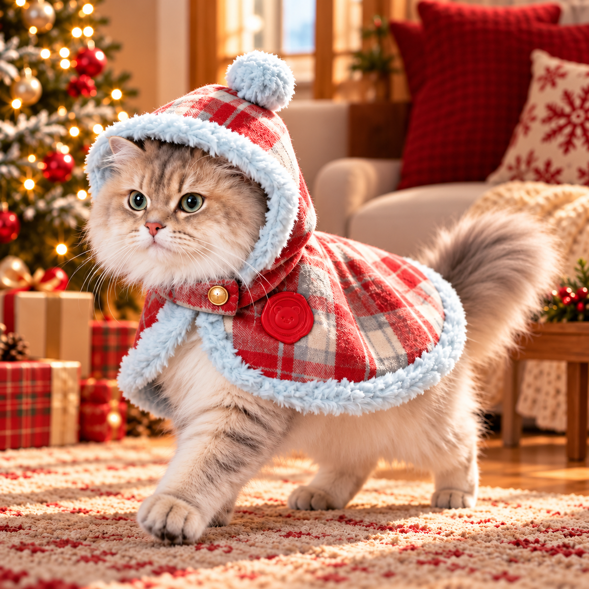 Red Plaid Hooded Christmas Pet Cape for Cats & Small Dogs with Plush Trim