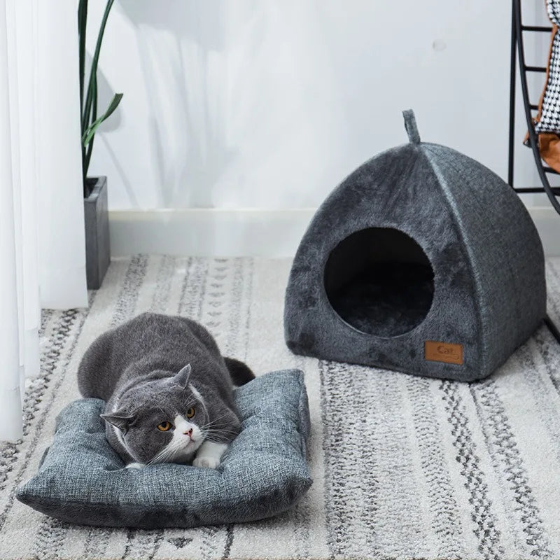 Cozy Enclosed Cat Bed with Velvet Material – Triangle Shape Cat Cave for Warmth and Comfort, Easy to Clean 2