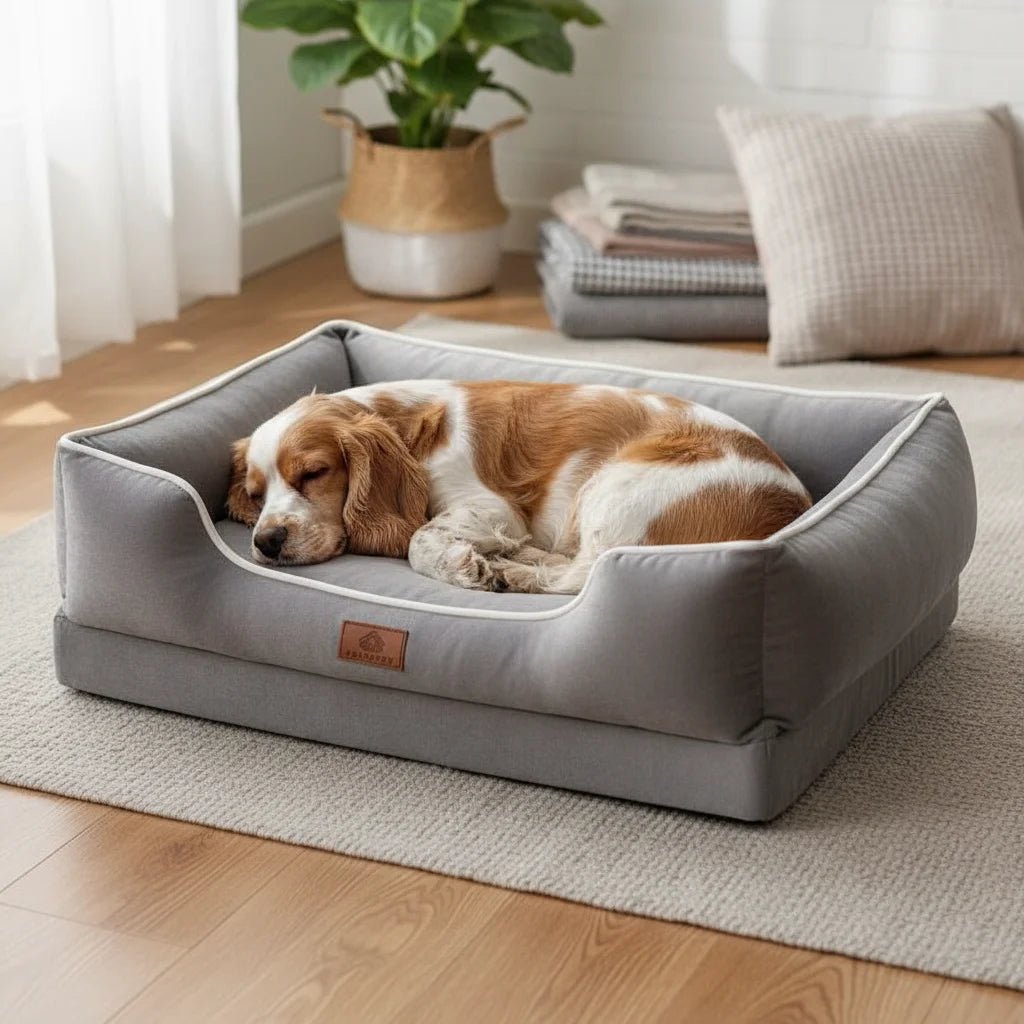 Cozy Orthopedic Dog and Cat Bed in Velvet – Removable Filling for Ultimate Comfort, Available in Gray, Light Khaki, and Light Pink 2