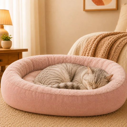 Cozy oval bolster pet bed for cats and dogs featuring soft PP cotton filling and available in fleece or all-season options for indoor comfort. 0