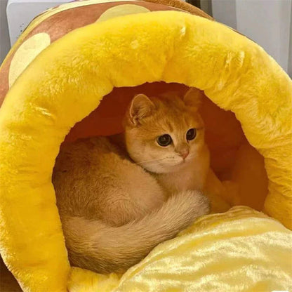 Cozy plush pet bed for cats and small dogs featuring a honey-pot design, ultra-soft fabric, and a comfortable indoor sleeping sanctuary. 1