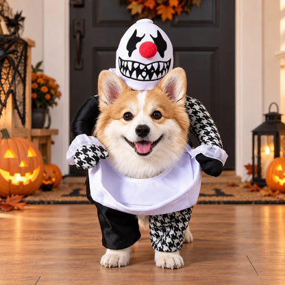 Creepy clown dog costume featuring 3D padded arms, made of durable polyester, designed for Halloween with a black, white, and red color 0
