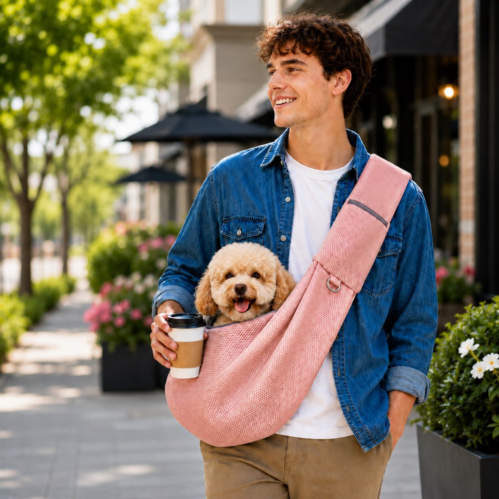 Crossbody pet sling carrier for small dogs and cats made with breathable mesh fabric, designed for hands-free travel and comfort. 0