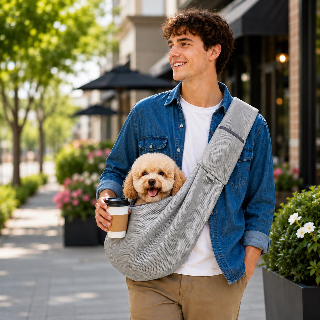 Crossbody pet sling carrier for small dogs and cats made with breathable mesh fabric, designed for hands-free travel and comfort. 1