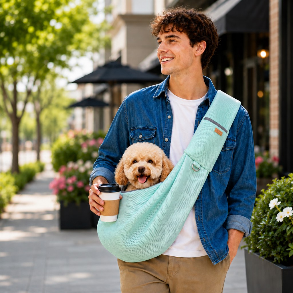 Crossbody pet sling carrier for small dogs and cats made with breathable mesh fabric, designed for hands-free travel and comfort. 10