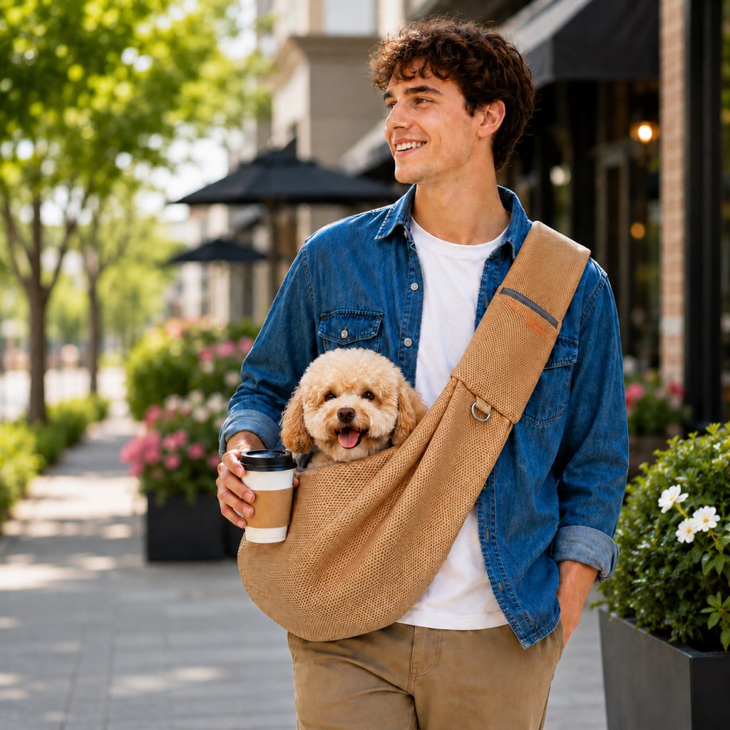 Crossbody pet sling carrier for small dogs and cats made with breathable mesh fabric, designed for hands-free travel and comfort. 11