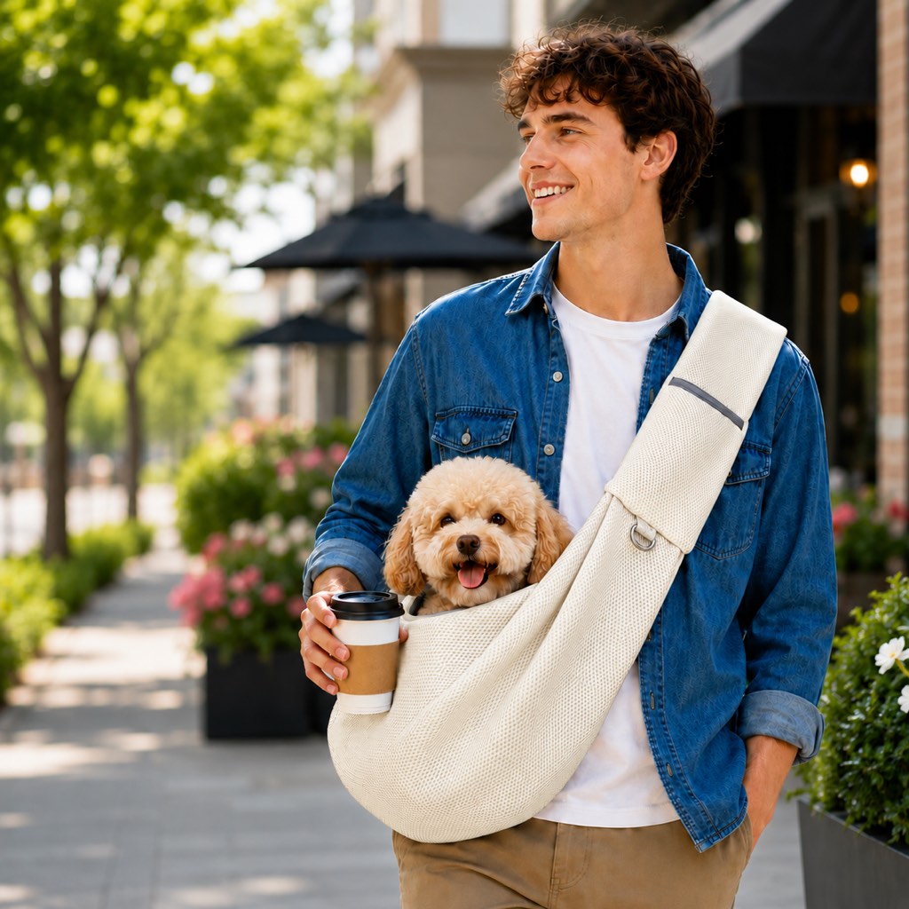 Crossbody pet sling carrier for small dogs and cats made with breathable mesh fabric, designed for hands-free travel and comfort. 12