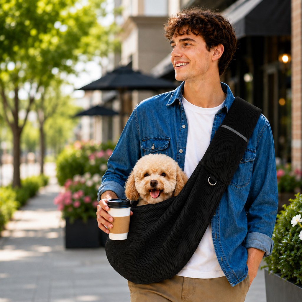 Crossbody pet sling carrier for small dogs and cats made with breathable mesh fabric, designed for hands-free travel and comfort. 13