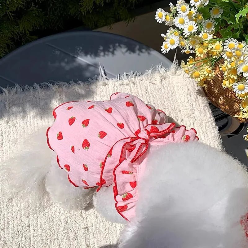 Cute Strawberry Print Summer Dress for Small Dogs – Soft Cotton Clothes for Dogs with Bow 2