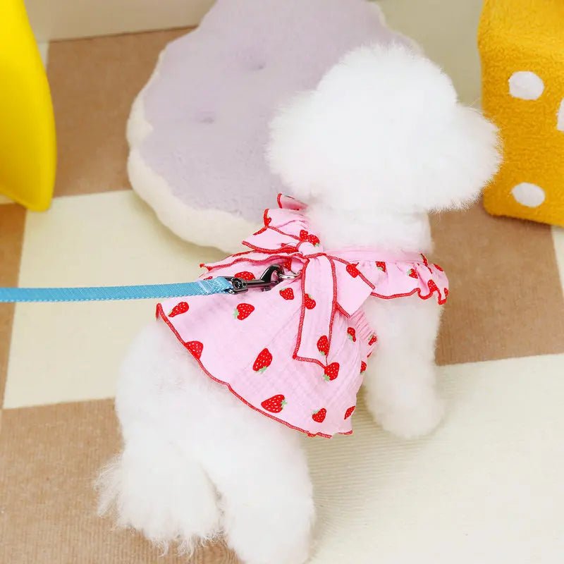Cute Strawberry Print Summer Dress for Small Dogs – Soft Cotton Clothes for Dogs with Bow 3