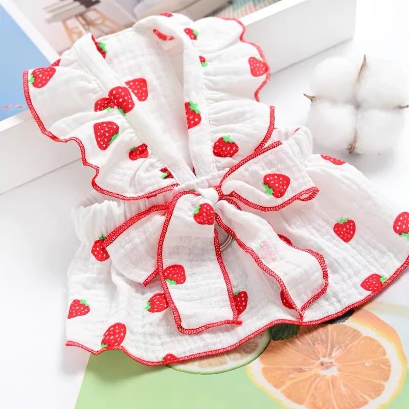 Cute Strawberry Print Summer Dress for Small Dogs – Soft Cotton Clothes for Dogs with Bow 4