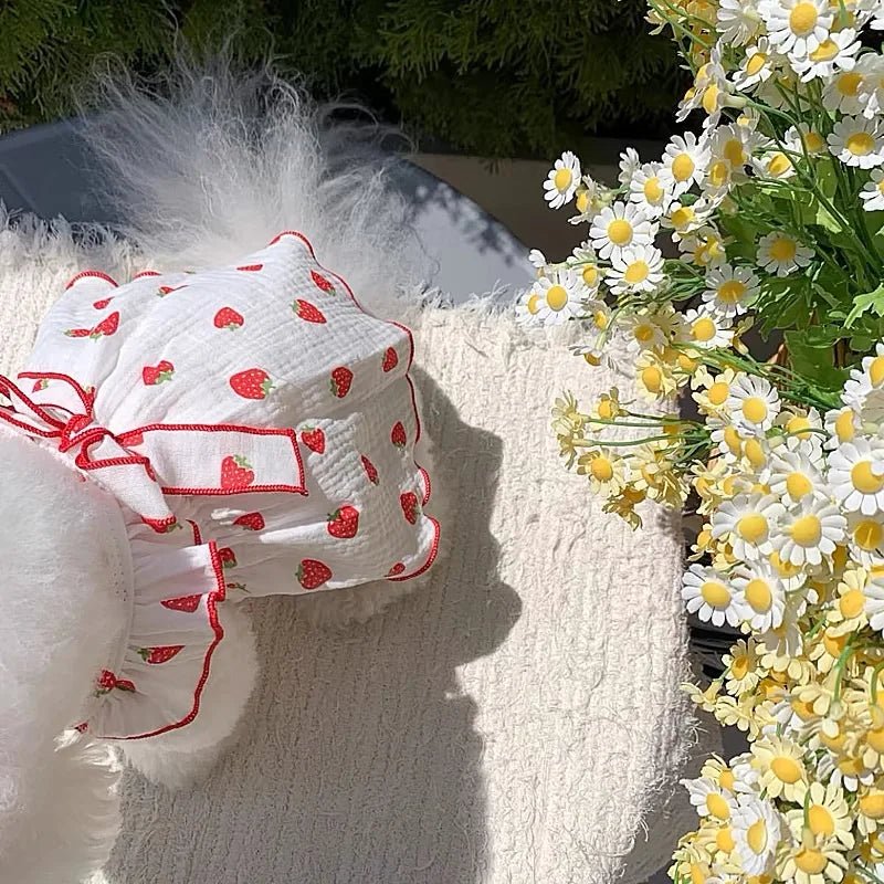 Cute Strawberry Print Summer Dress for Small Dogs – Soft Cotton Clothes for Dogs with Bow 5
