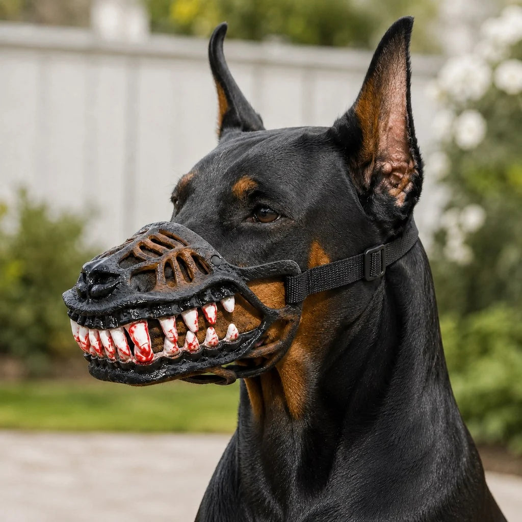 Dinosaur dog muzzle with adjustable strap, perfect costume accessory for Halloween parties and themed events, featuring vibrant colors and realistic dinosaur design. 0