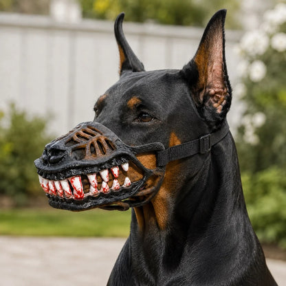 Dinosaur dog muzzle with adjustable strap, perfect costume accessory for Halloween parties and themed events, featuring vibrant colors and realistic dinosaur design. 0