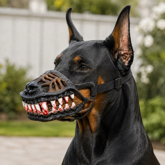 Dinosaur dog muzzle with adjustable strap, perfect costume accessory for Halloween parties and themed events, featuring vibrant colors and realistic dinosaur design. 0