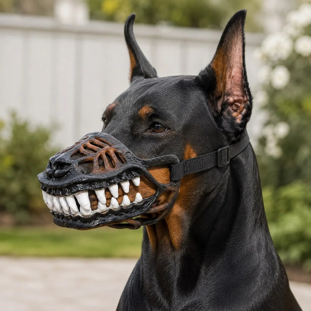 Dinosaur dog muzzle with adjustable strap, perfect costume accessory for Halloween parties and themed events, featuring vibrant colors and realistic dinosaur design. 1