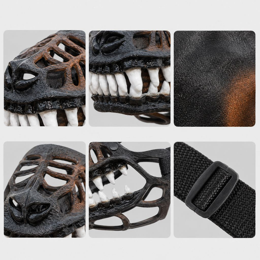 Dinosaur dog muzzle with adjustable strap, perfect costume accessory for Halloween parties and themed events, featuring vibrant colors and realistic dinosaur design. 8