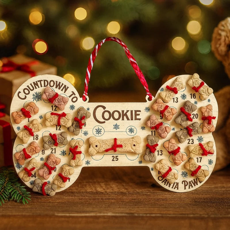 Wooden dog bone advent calendar for dogs, featuring a festive holiday design, perfect for wall hanging Christmas decoration and counting down to the holidays. 0