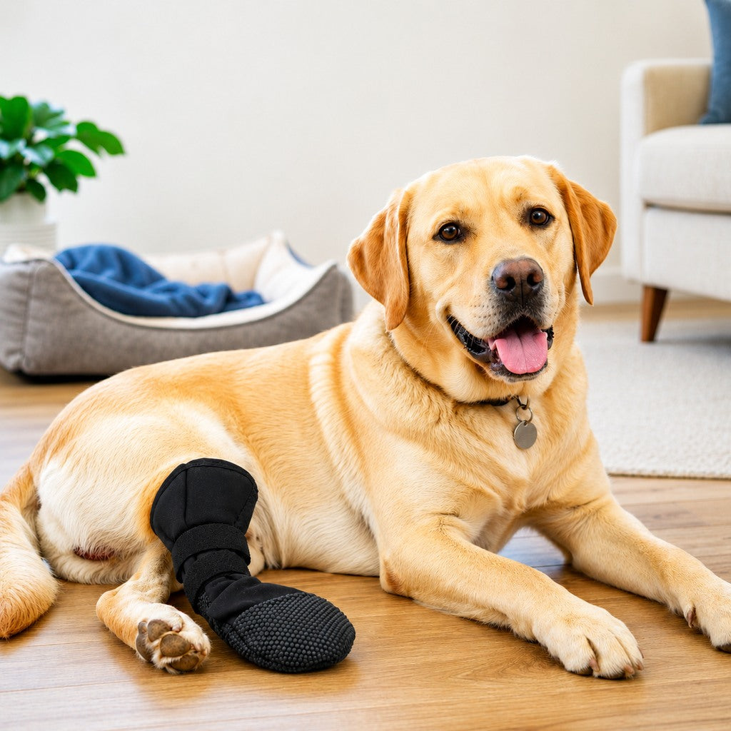 Soft black dog boot designed for recovery, featuring anti-lick protection and adjustable straps to ensure a secure fit for sensitive paws. 0