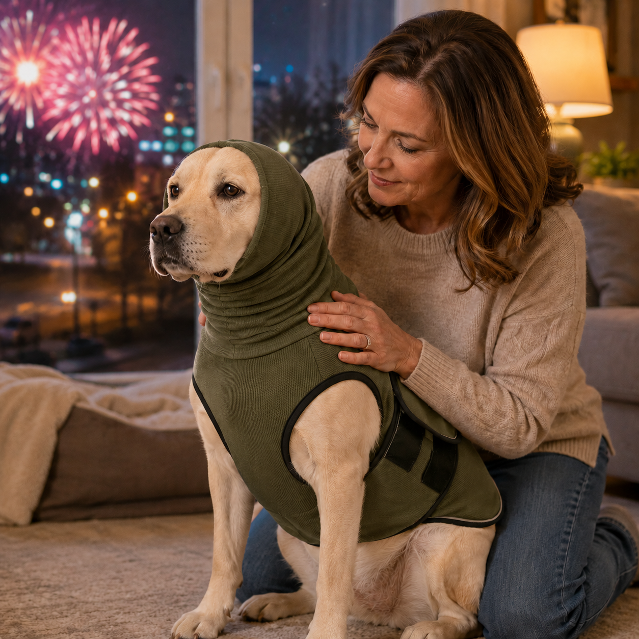 Dog calming shirt with ear-covering hood in olive green and navy, designed for anxiety relief during thunderstorms and fireworks, featuring an adjustable wrap for a comfortable 0