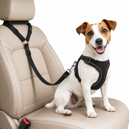 Dog car safety harness with adjustable padded vest designed for secure travel; suitable for all breeds to ensure safe and comfortable rides. 1