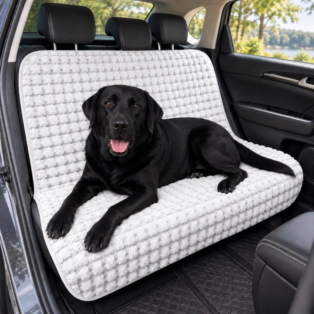 Dog car seat cover with full bench protection featuring a plush fleece texture, available in light khaki, gray, brown, and white, designed for cozy 0