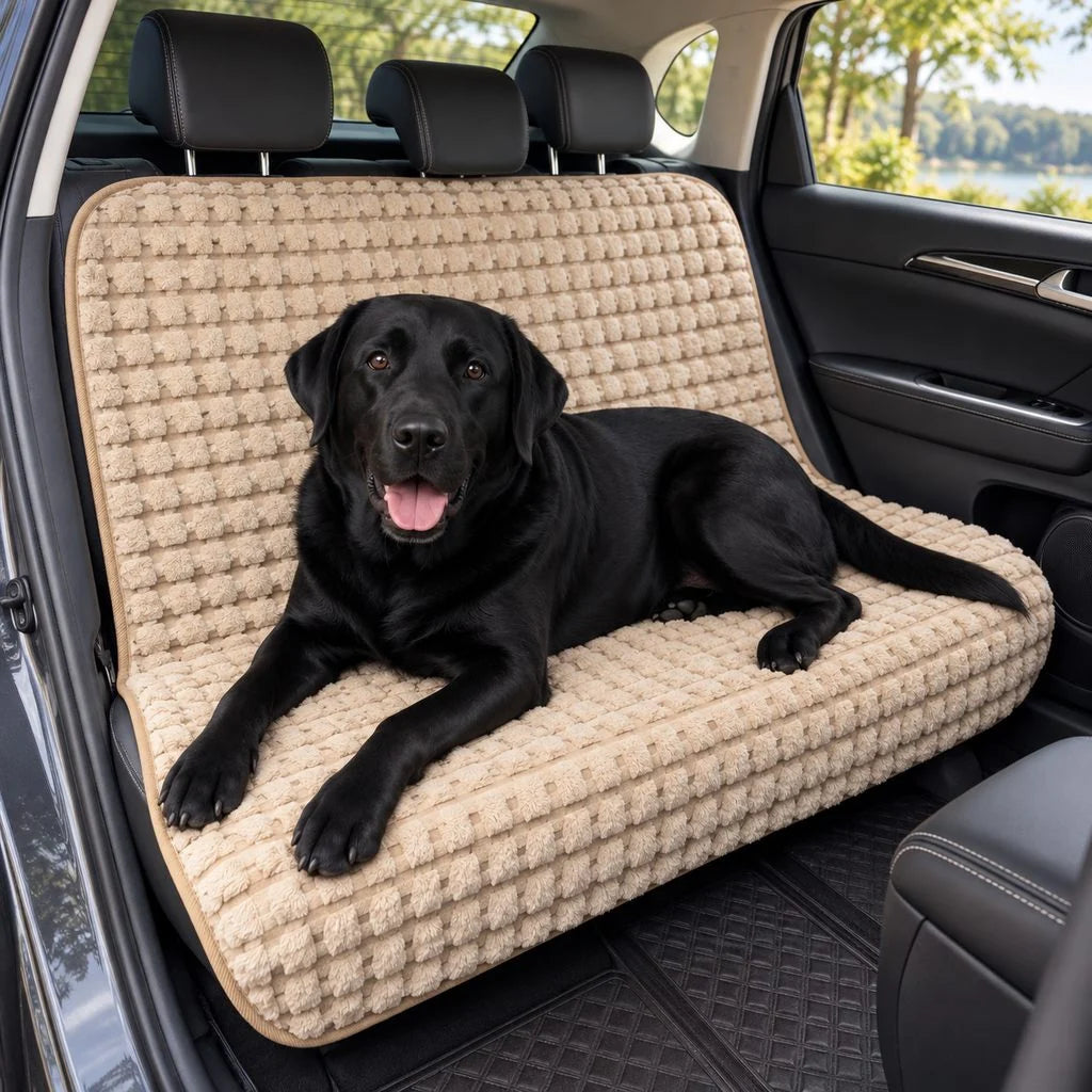 Dog car seat cover with full bench protection featuring a plush fleece texture, available in light khaki, gray, brown, and white, designed for cozy 1