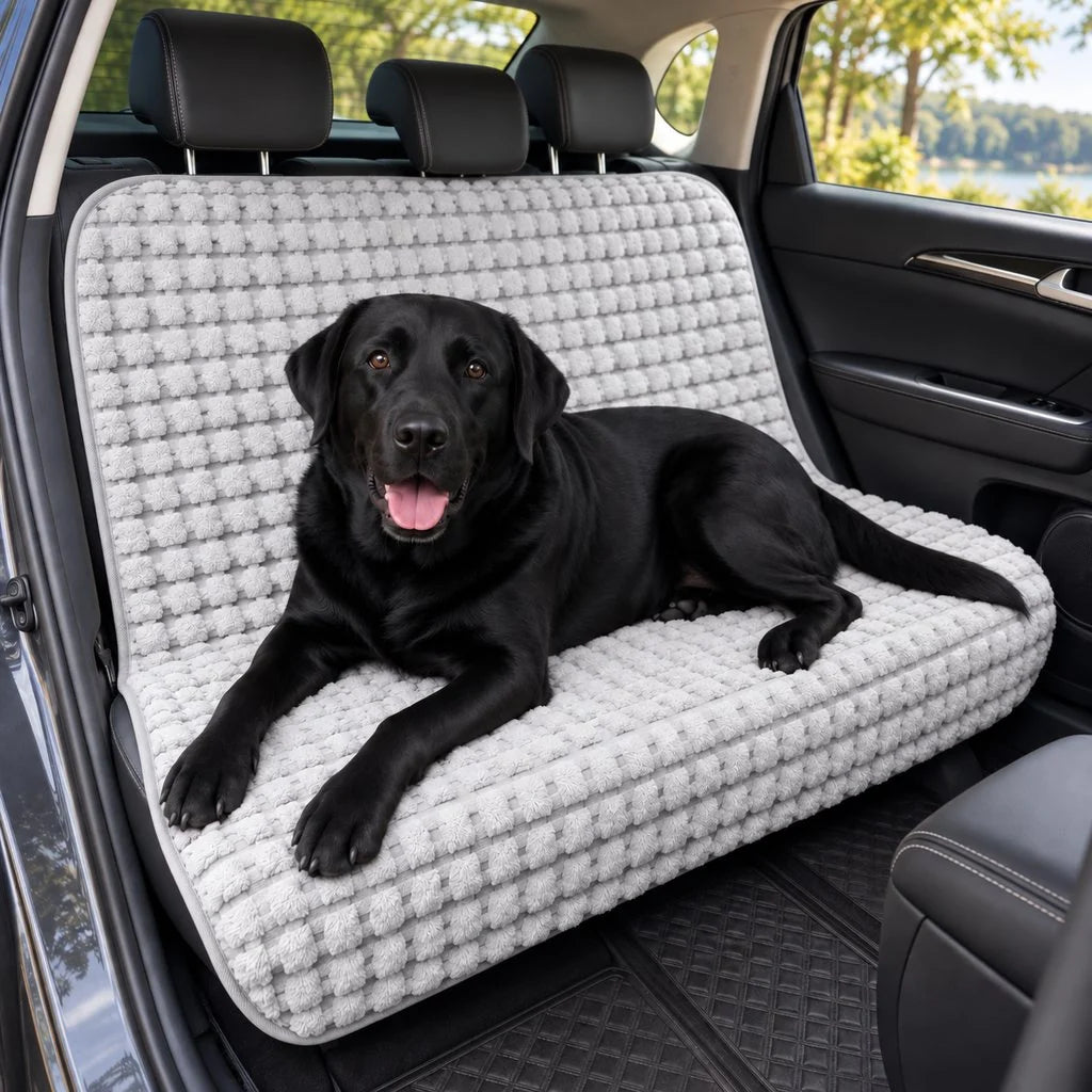 Dog car seat cover with full bench protection featuring a plush fleece texture, available in light khaki, gray, brown, and white, designed for cozy 10