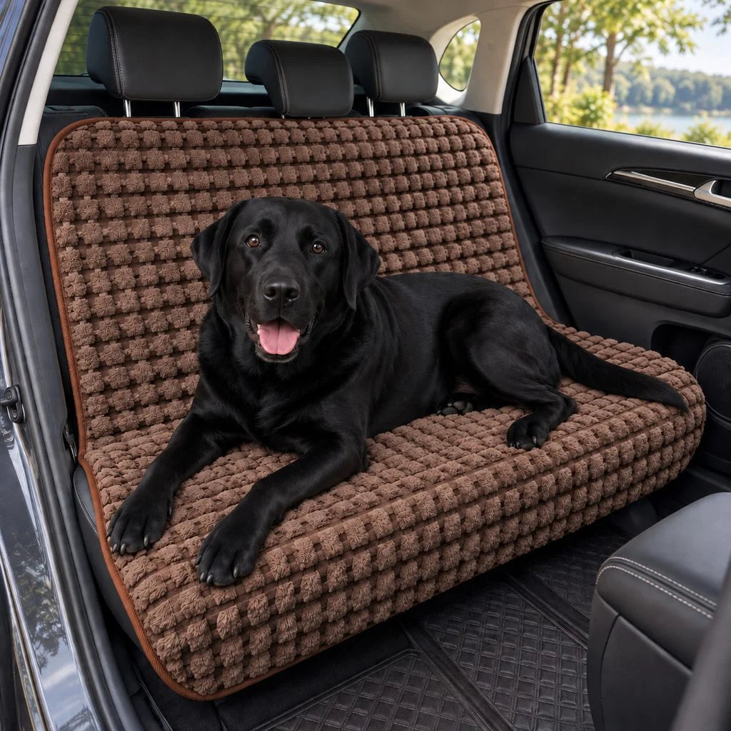 Dog car seat cover with full bench protection featuring a plush fleece texture, available in light khaki, gray, brown, and white, designed for cozy 9